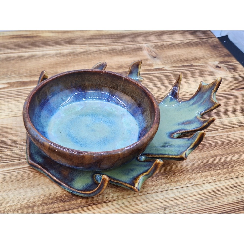 Studio Trinket Dish Set Leaf Bowl Turquoise Pottery X2 Signed